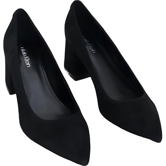 Calvin Klein Lenott Pointed Toe Block Heel Pumps Black Suede Women's US 8.5M - Picture 1 of 6